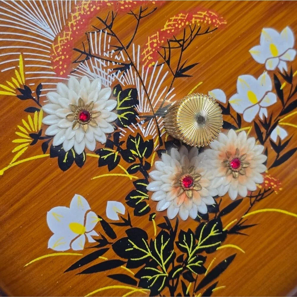 Westland Vintage Japanese Floral Lacquer Rhinestone Round Box Amber Brown